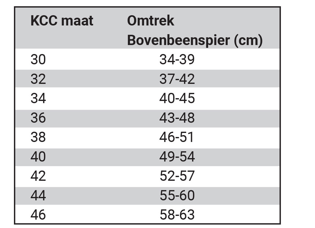 KCC maattabel lycra broeken dames